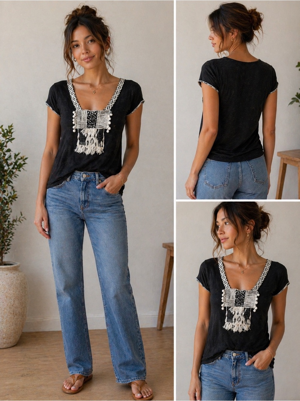 Meadow Rue (Anthropologie) Black Short Sleeve Tee with Cream Fringe Appliqué